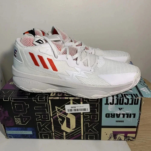 1406. Adidas Dame 8-White/VividRed/Black-US 14.5 Mens - Picture 1 of 4